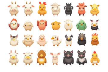 Collection of cute farm and domestic animals featuring colorful characters with various expressions and playful poses set against a simple dark background