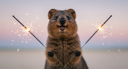 A joyous quokka celebrates with sparklers against a serene backdrop