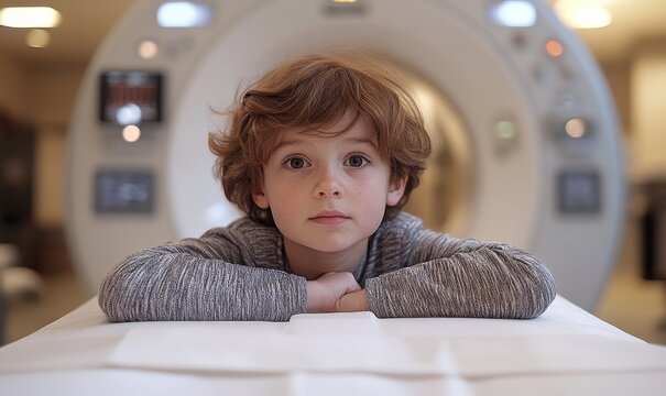 Interested child standing behind the gantry of a CT or MRI machine, gazing toward the camera with fascination, Generative AI