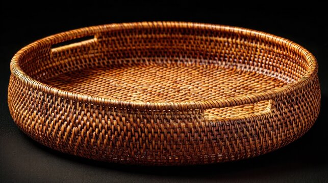 Elegant handwoven wicker basket with a circular pattern and integrated handles - Powered by Adobe