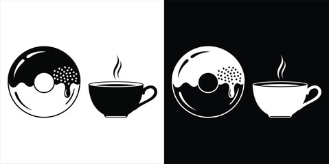 Simple vector icon of a glazed donut and a hot coffee cup in black and white.