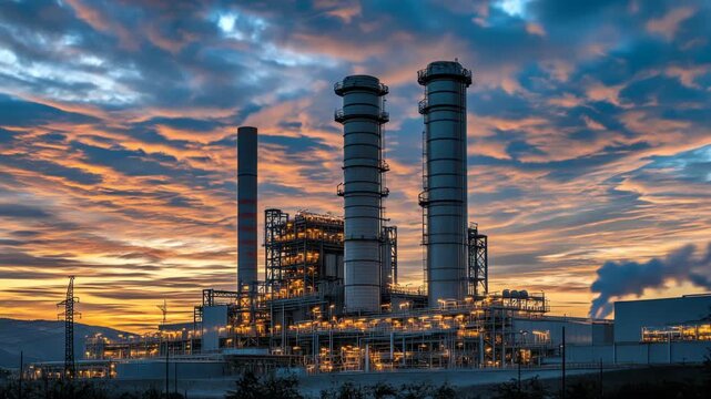 Stunning geothermal energy extraction facility showcases sustainable power production at sunset, with vibrant clouds and towering structures illuminating sky