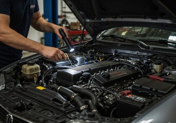 Mechanic inspecting car engine with flashlight; serious, detailed automotive repair imagery.