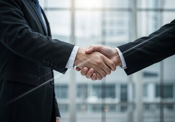 Businessmen shaking hands, modern office background, successful partnership, deal concept, corporate agreement.