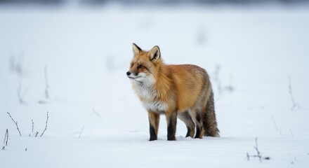 Obraz premium A captivating red fox standing elegantly in the winter landscape, facing left