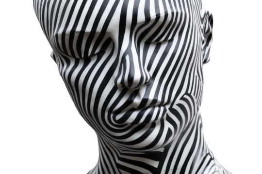 Close-up view of a black and white portrait showcasing intricate stripes and patterns on a mannequin's face, highlighting artistic design and visual contrast - Powered by Adobe