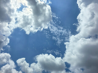 Blue Sky with White Fluffy Clouds. Natural Background for Weather, Nature, and Travel Concepts....