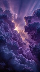 Obraz premium Dramatic purple clouds fill the sky, sunlight piercing through