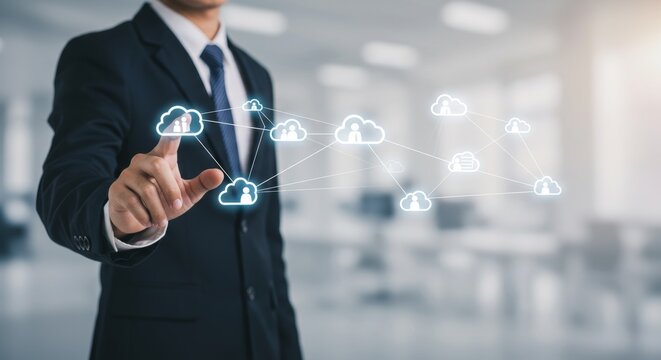 Businessman connecting to cloud network with social media icons concept