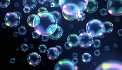Floating iridescent soap bubbles on dark background