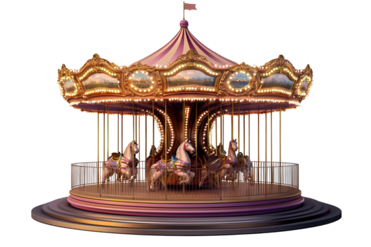 Colorful carousel rotating with horses under vibrant canopy on transparent background