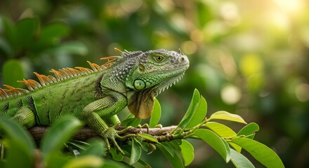 Fototapeta premium A Vibrant Green Iguana Perched on a Branch Basking in Natural Sunlight