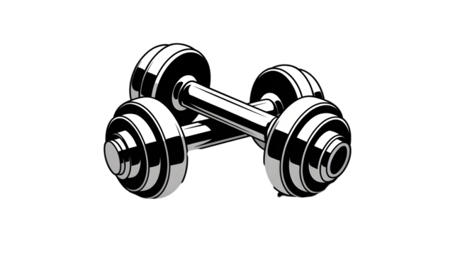 Illustration of two chrome dumbbells crossed over each other on a black background vector image on transparent background