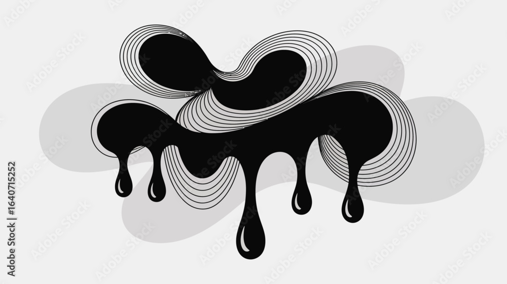 Poster a black ink blot with dripping elements and concentric line details on a gray and white background a