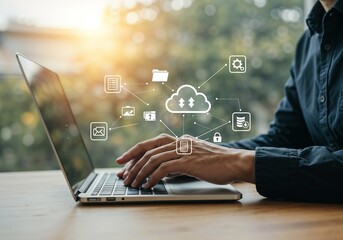 Person using laptop, cloud computing, data transfer, secure online storage, digital technology, modern workspace, professional business concept.