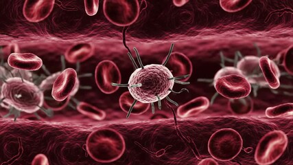 Microscopic View of Bacteria Infecting Blood Cells - A detailed microscopic view of bacteria infecting red blood cells within a blood vessel. - Powered by Adobe
