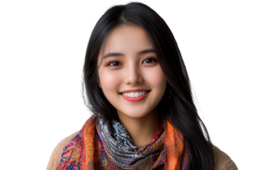 Smiling Asian woman with long black hair, wearing a colorful scarf, against a transparent background, radiating joy and warmth