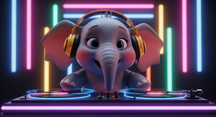 An adorable baby elephant with headphones plays music on a DJ deck with neon lights.