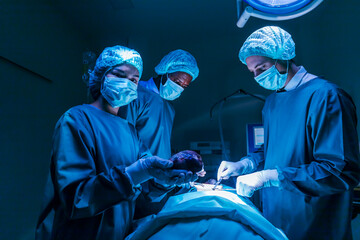 Team of surgeon doctors are performing heart surgery operation for patient from organ donor to save...