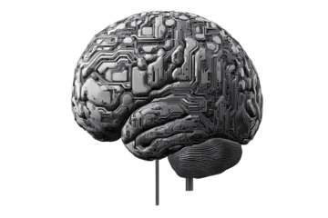Concept of a digital AI electronic brain represented with intricate circuits on a transparent background, illustrating advanced technology and artificial intelligence