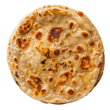 Indian aloo paratha top view isolated on transparent and white background.
