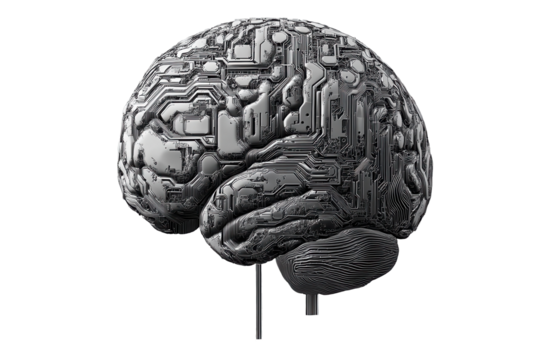 Concept of a digital AI electronic brain represented with intricate circuits on a transparent background, illustrating advanced technology and artificial intelligence