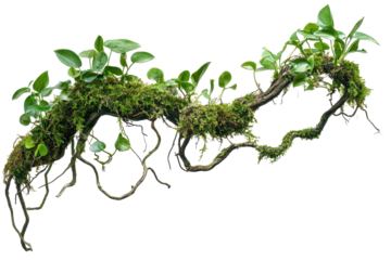 Twisted wild liana showcasing intricate jungle vines with lush green leaves and vibrant moss tangled together in a natural arrangement