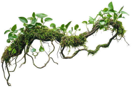 Twisted wild liana showcasing intricate jungle vines with lush green leaves and vibrant moss tangled together in a natural arrangement