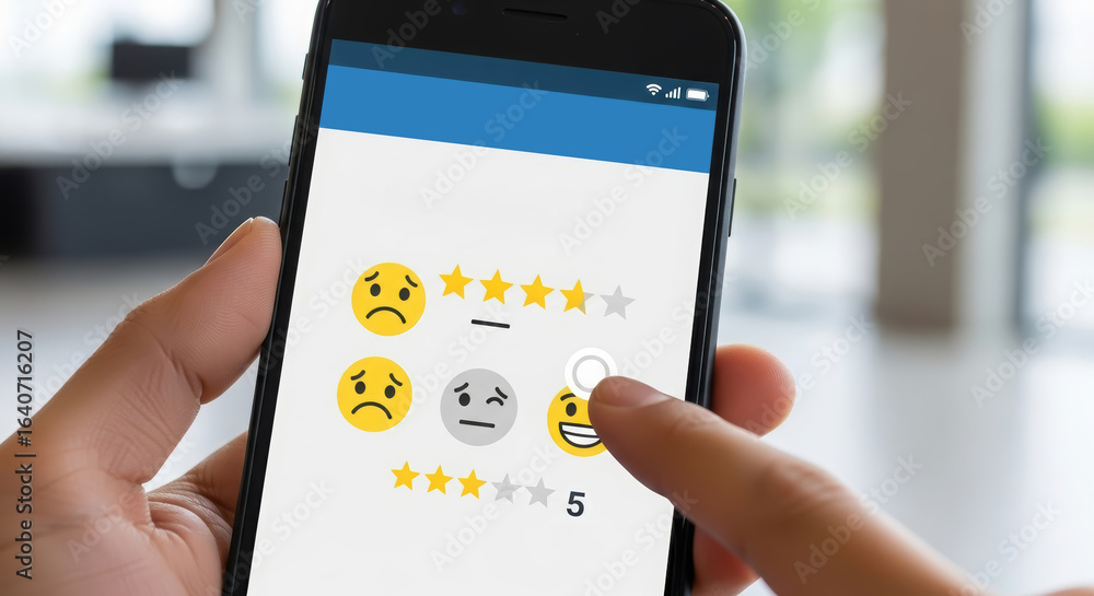 Poster hand of a person interacting with a smartphone displaying a rating system with emoticons, showcasing