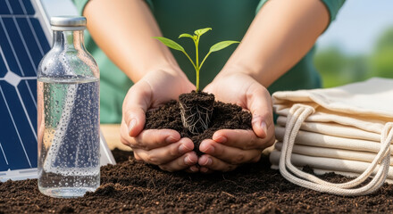 Hands holding a young green plant with roots in rich soil, surrounded by a water bottle, solar panel, and eco-friendly bags, symbolizing sustainable living and environmental care