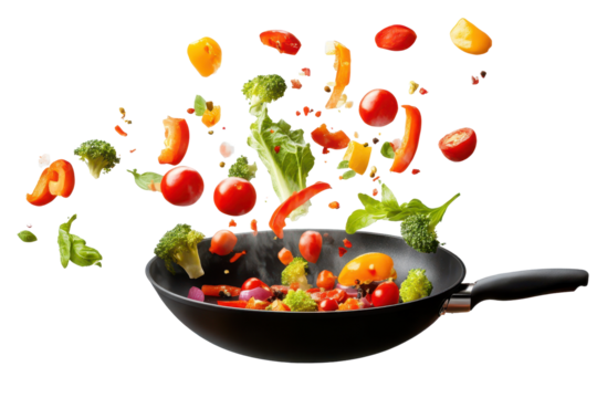 Fresh vegetables tumble into a frying pan creating a colorful explosion of healthy ingredients ready for cooking