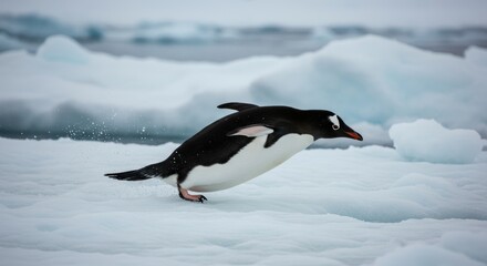 Gentoo penguin scurries across icy landscape in Antarctica seeking food
