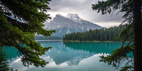 Majestic mountain peaks reflected in a serene turquoise lake surrounded by pine trees