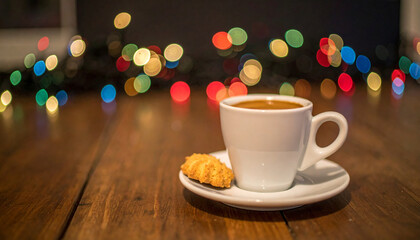 Obraz premium Espresso coffee in small white cup on saucer with biscuit, placed on wooden table with colorful blurred lights in background creating cozy atmosphere