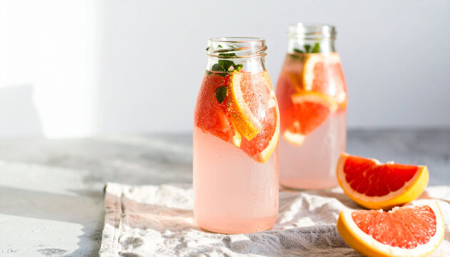 Refreshing grapefruit infused water in glass bottles with condensation and fresh citrus slices on light cloth, bright natural light creating fresh and energizing atmosphere