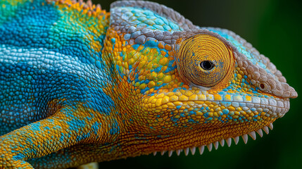 Obraz premium Funny Chameleon Close-Up Animal Art Colorful Reptile Unique Eye Detail Macro Shot
