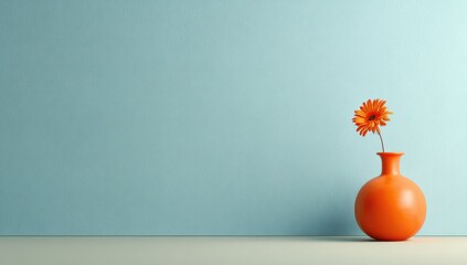 Orange flower in vase against light blue wall