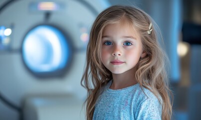 Interested child standing behind the gantry of a CT or MRI machine, looking towards the camera with curiosity and wonder, Generative AI