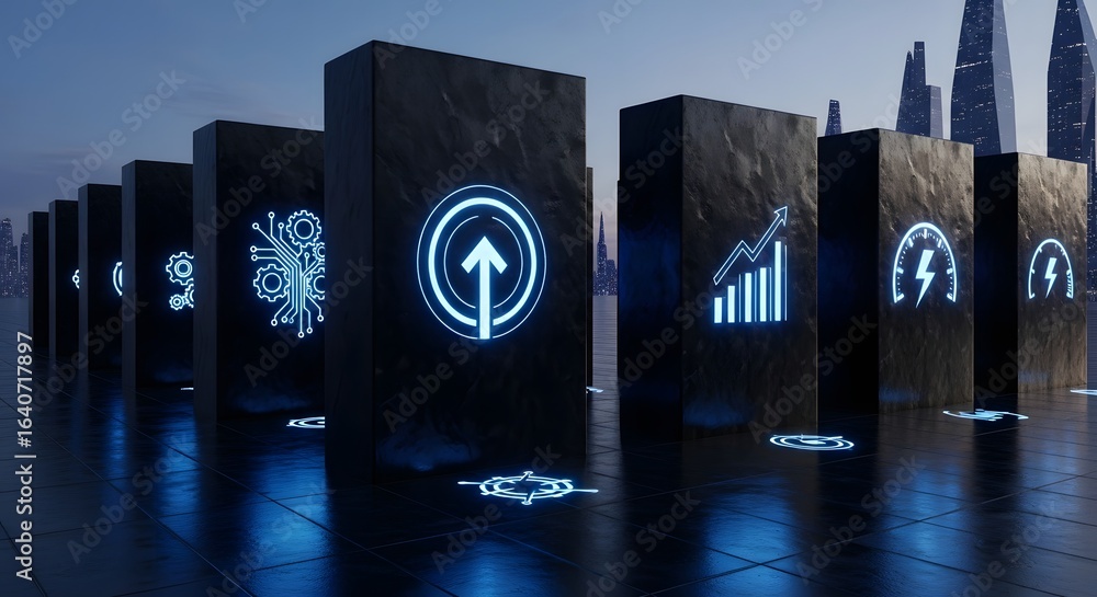 Poster a row of futuristic data blocks with glowing neon icons symbolizing progress, power, and digital tra