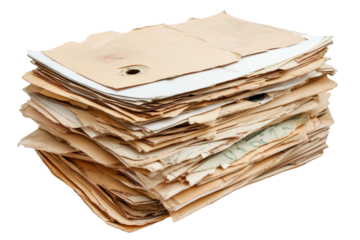 Close up of an assorted stack of worn and aged papers piled on a white background demonstrating a collection of documents and notes in various states of preservation