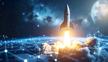 Rocket launching through clouds above a network-connected Earth