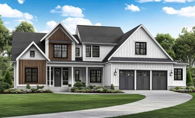 Fototapeta premium Large farmhouse-style home, white siding, dark accents
