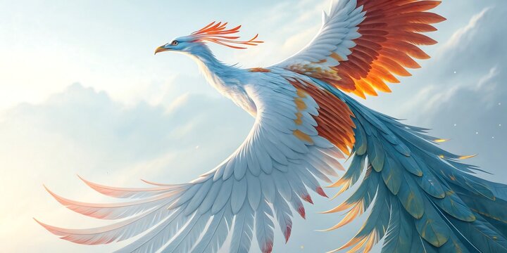 Majestic mythical phoenix bird with vibrant orange and blue feathers soaring in the sky