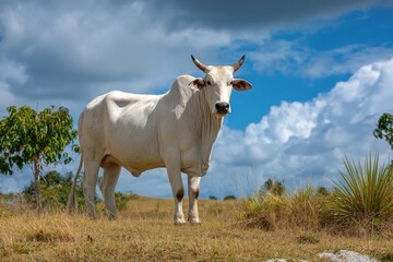 White cow on a grassy hill under a partly cloudy sky