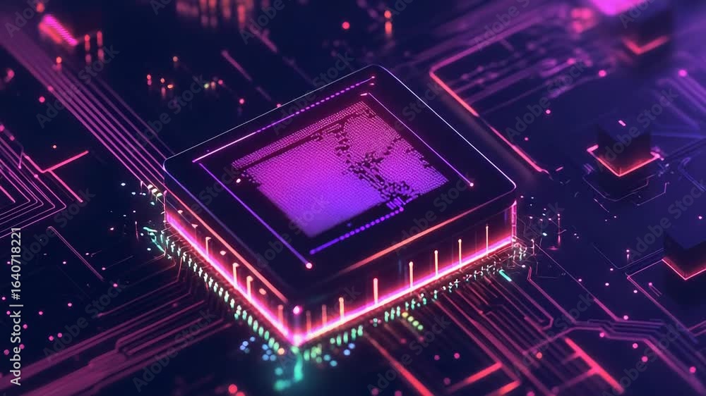 Poster cpu processing data on motherboard with futuristic lighting