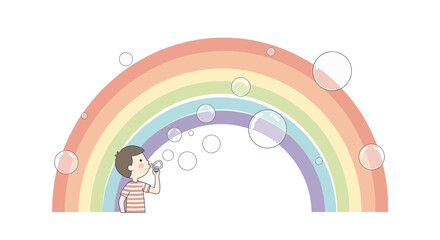 A charming illustration showcasing a boy blowing bubbles under a vibrant rainbow creating a whimsical and joyous scene