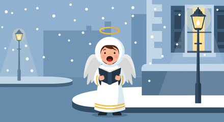 Adorable angel caroling in a snowy winter scene with lamplight and cityscape creating a charming holiday atmosphere