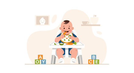 A cheerful baby enjoying a healthy meal in a highchair surrounded by toys for early education and development illustrating nutrition