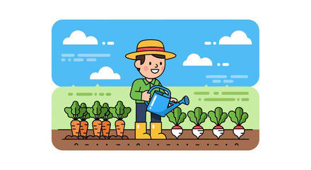 A cheerful gardener watering his garden of carrots and radishes with a blue watering can under a bright sky