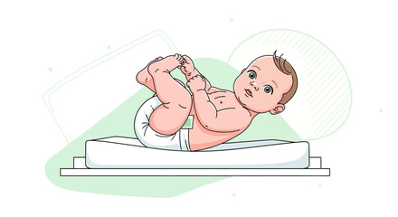 Obraz premium Adorable baby touching toes on changing table illustration with soft background